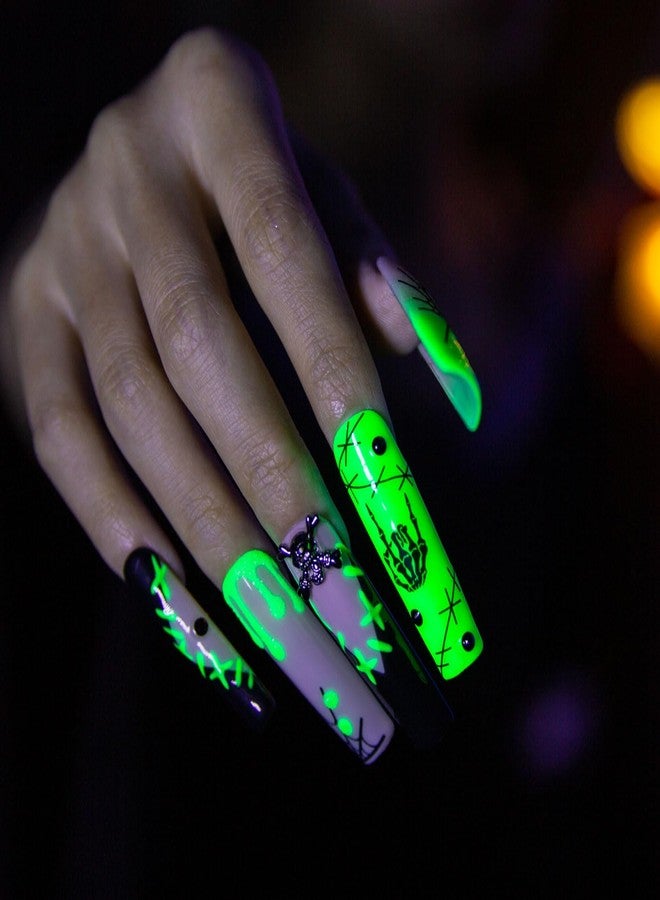 LOVFUL Press on Nails Halloween Luminous Lurker | Glow in the Dark | Handmade with Full Covered Crystals | Reusable Fake Nails | Square Mid length 1.7in | H339-S - Image 2